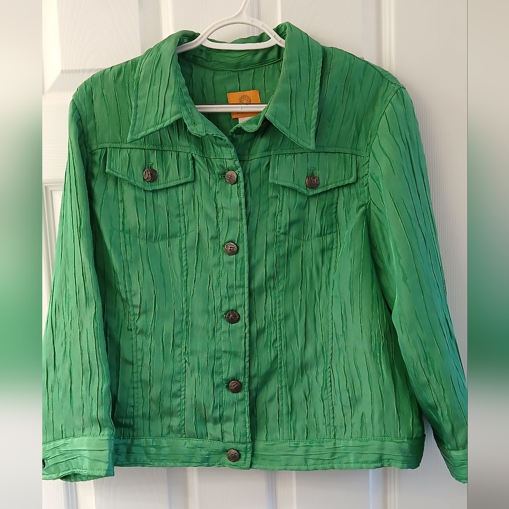 Ruby Rd. Bright Green Textured Button-Up Jacket – Size 12 – Jean Jacket Style